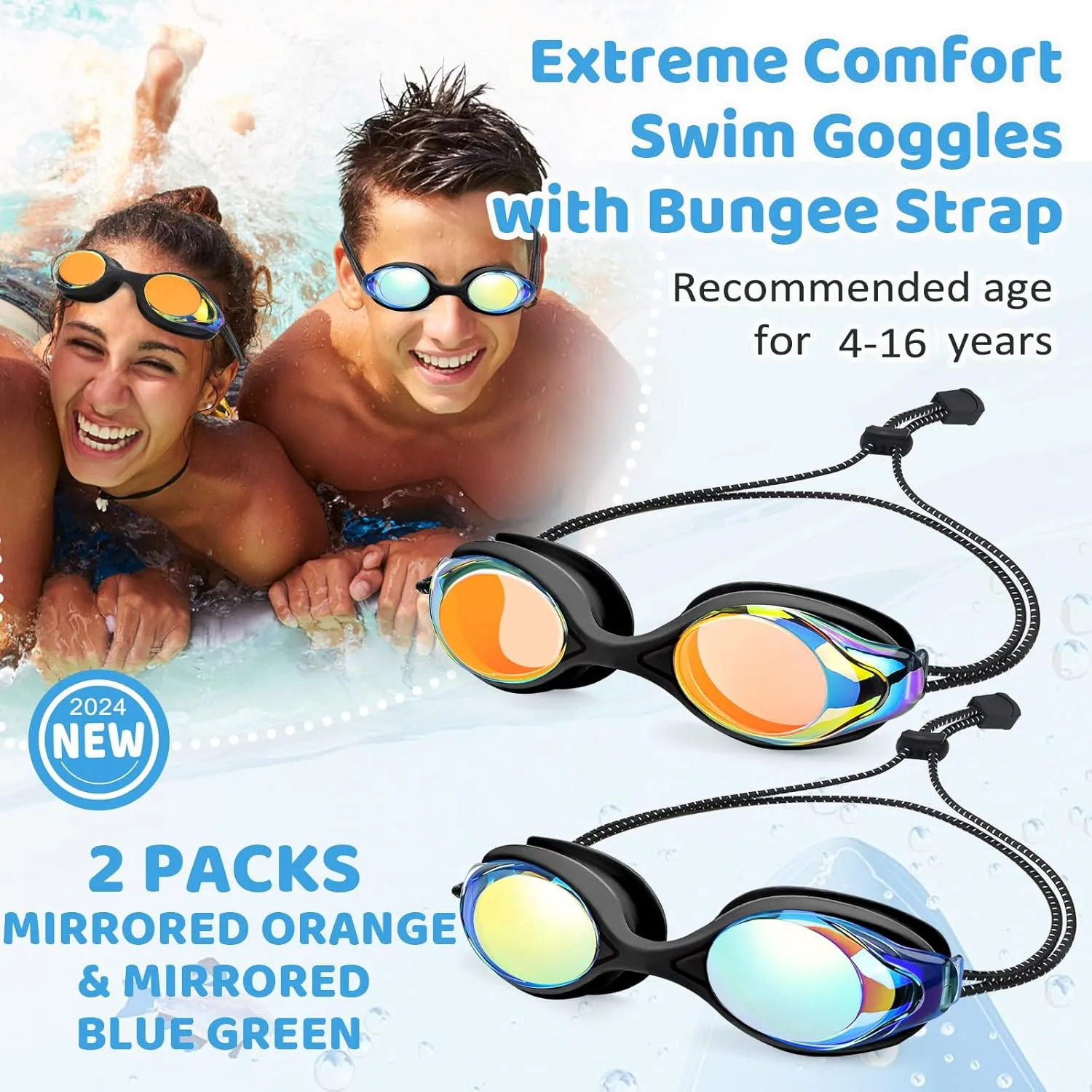 Vvinca Kids Swim Goggles with Bungee Strap No Leaking Anti Fog Toddler Goggles with Quick Adjust Ages 3-14