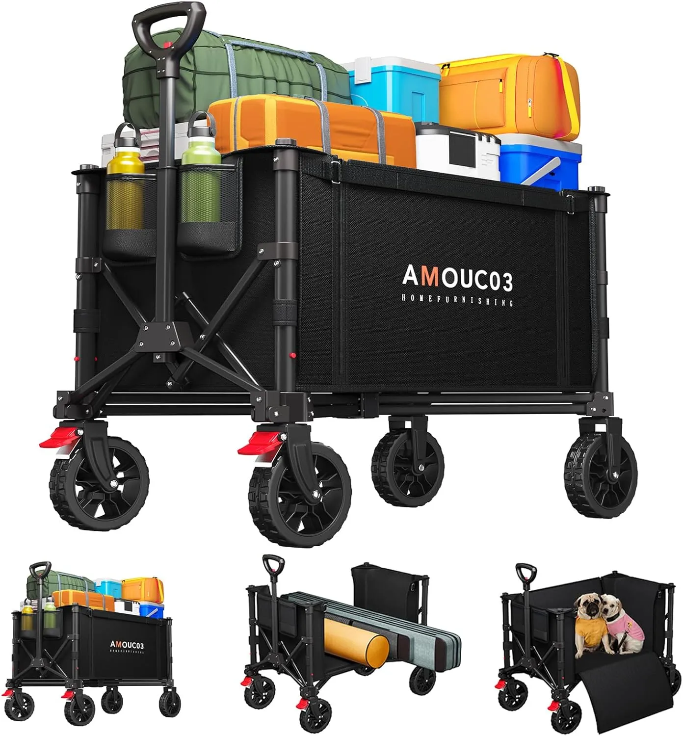 Wagons Carts Foldable, Collapsible Wagon Cart with 220 lbs Max Load and Expandable Storage Space, Heavy-Duty Foldable Wagon Cart with Wheels for Groceries, Shopping, Sport, Garden and Camping