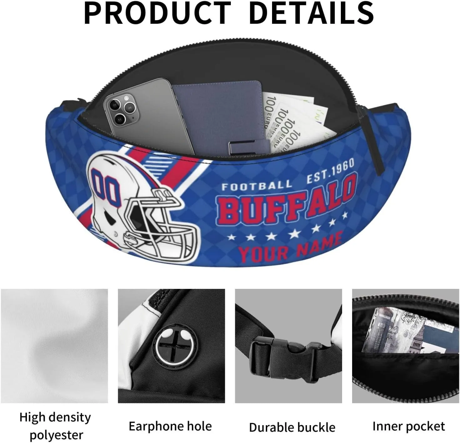 Waist Bag Adjustable Football Belt Bag Personalized Custom Fanny Pack Sports Hiking Running Belt Waist Pack for Women Men Fans Gifts