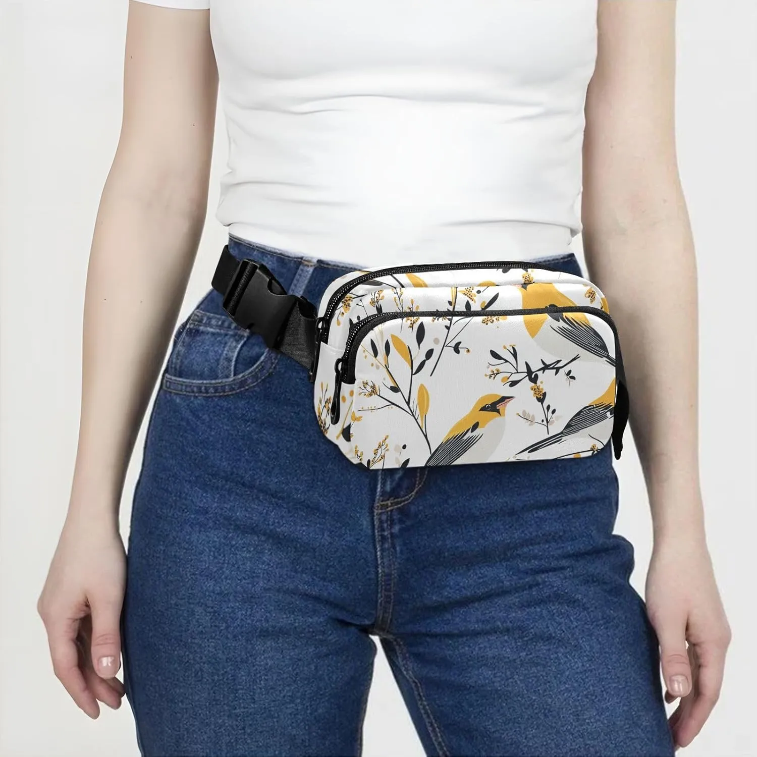Waist Bag Fanny Pack, Multipurpose Women Men Bum Belt Bags with Adjustable Strap, Cartoon American Goldfinch Birds White, Waterproof Croose Body Purse for Travel Gym Work