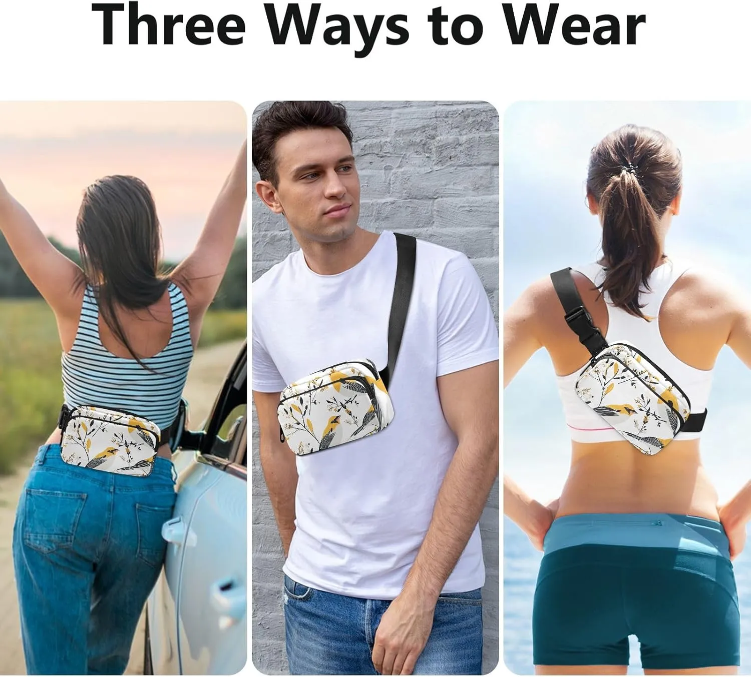 Waist Bag Fanny Pack, Multipurpose Women Men Bum Belt Bags with Adjustable Strap, Cartoon American Goldfinch Birds White, Waterproof Croose Body Purse for Travel Gym Work