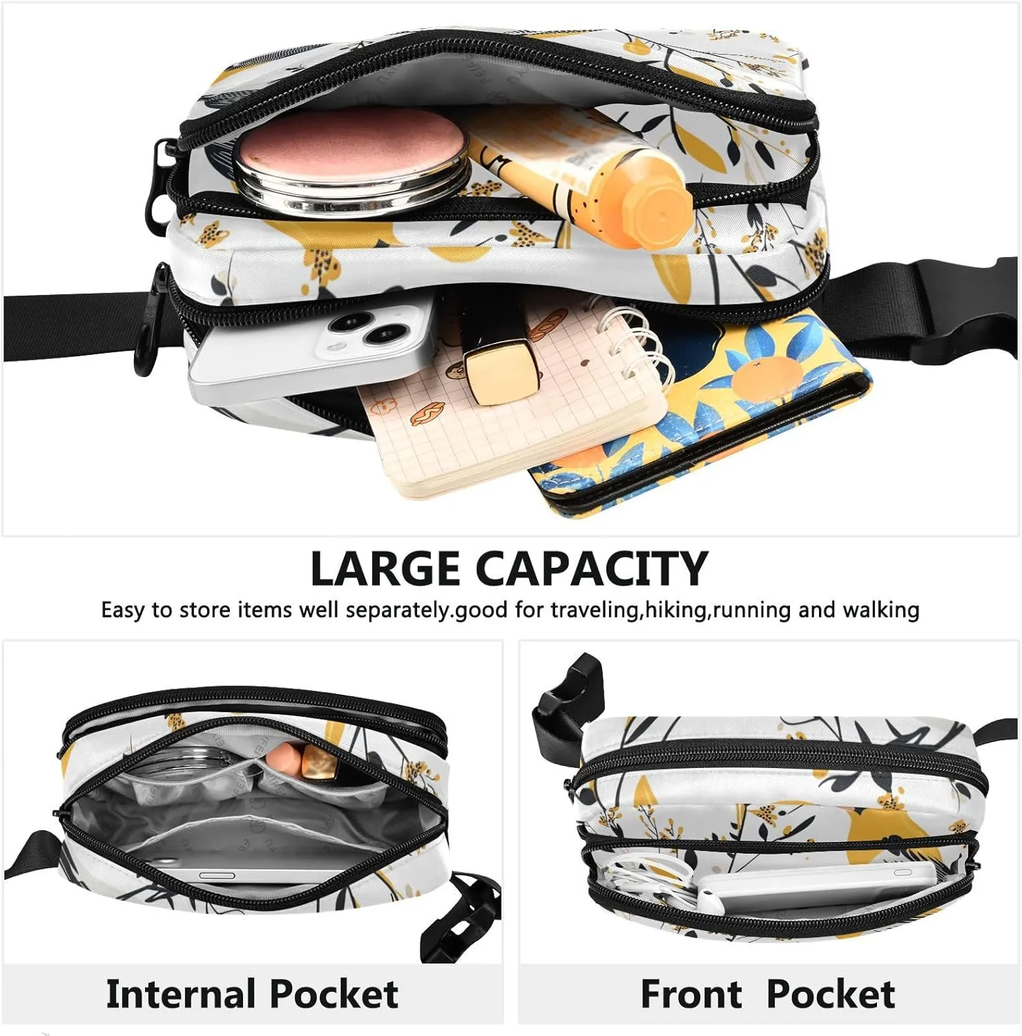 Waist Bag Fanny Pack, Multipurpose Women Men Bum Belt Bags with Adjustable Strap, Cartoon American Goldfinch Birds White, Waterproof Croose Body Purse for Travel Gym Work