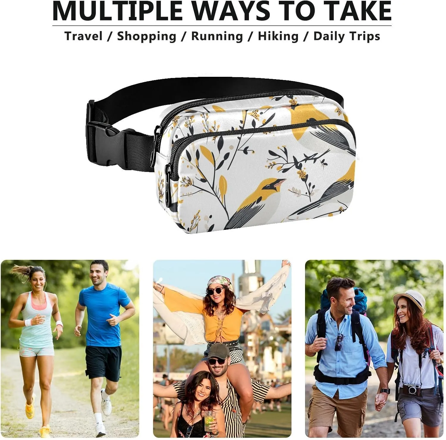 Waist Bag Fanny Pack, Multipurpose Women Men Bum Belt Bags with Adjustable Strap, Cartoon American Goldfinch Birds White, Waterproof Croose Body Purse for Travel Gym Work
