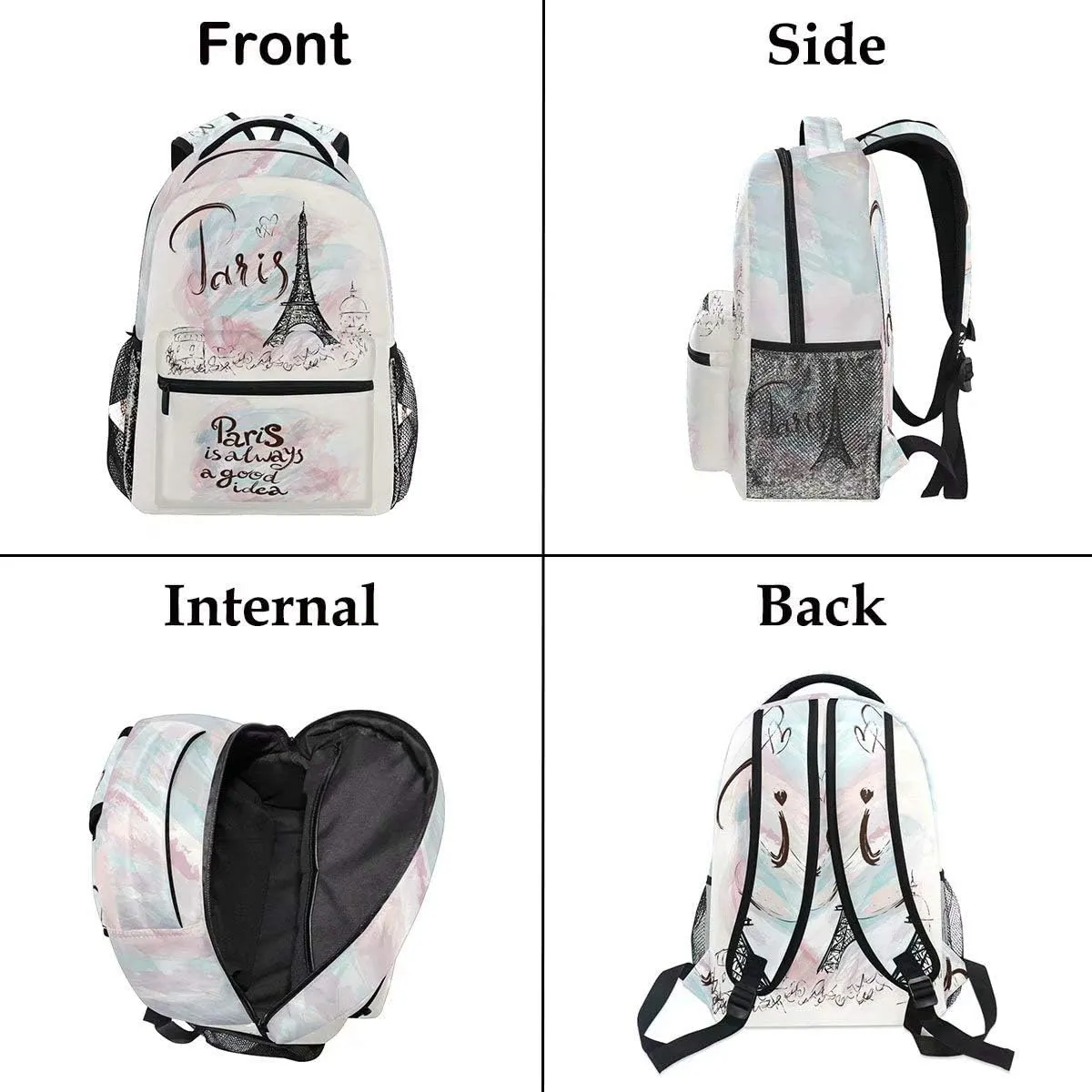 Wamika Pfrewn Eiffel Tower Girls Backpacks for School Kids Romantic France Paris Marble Pink Laptop Backpack for Women School Bookbags Casual Daypack 16"