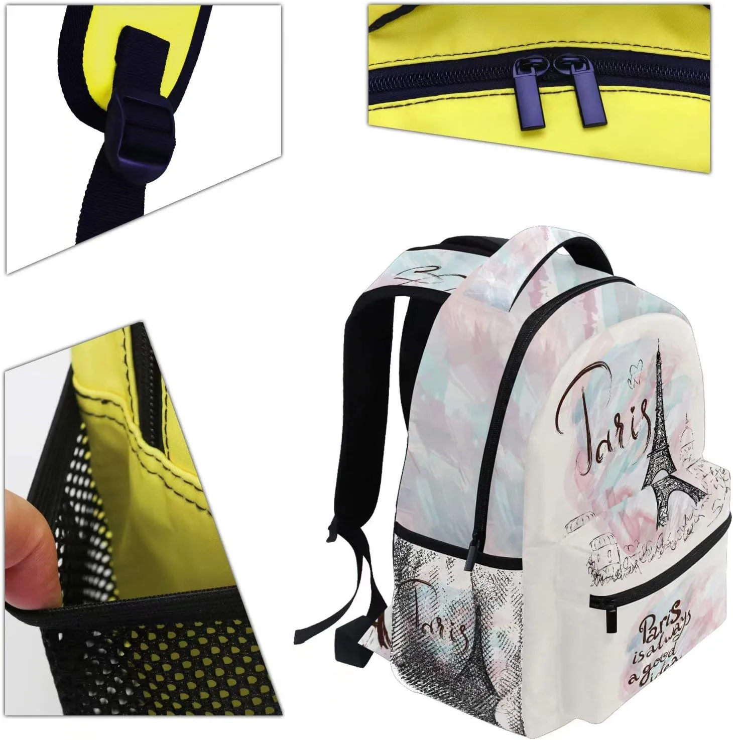 Wamika Pfrewn Eiffel Tower Girls Backpacks for School Kids Romantic France Paris Marble Pink Laptop Backpack for Women School Bookbags Casual Daypack 16"