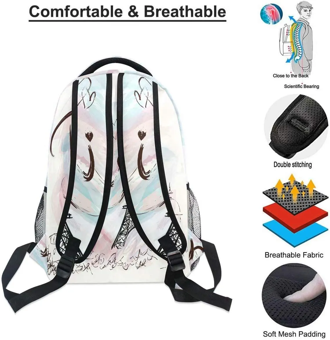 Wamika Pfrewn Eiffel Tower Girls Backpacks for School Kids Romantic France Paris Marble Pink Laptop Backpack for Women School Bookbags Casual Daypack 16"