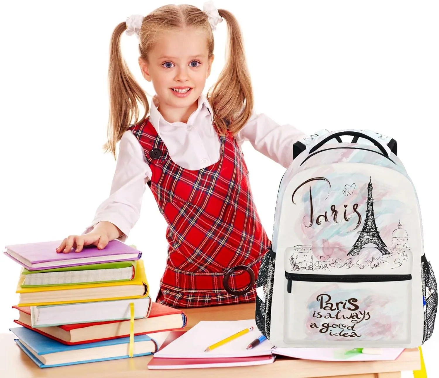 Wamika Pfrewn Eiffel Tower Girls Backpacks for School Kids Romantic France Paris Marble Pink Laptop Backpack for Women School Bookbags Casual Daypack 16"