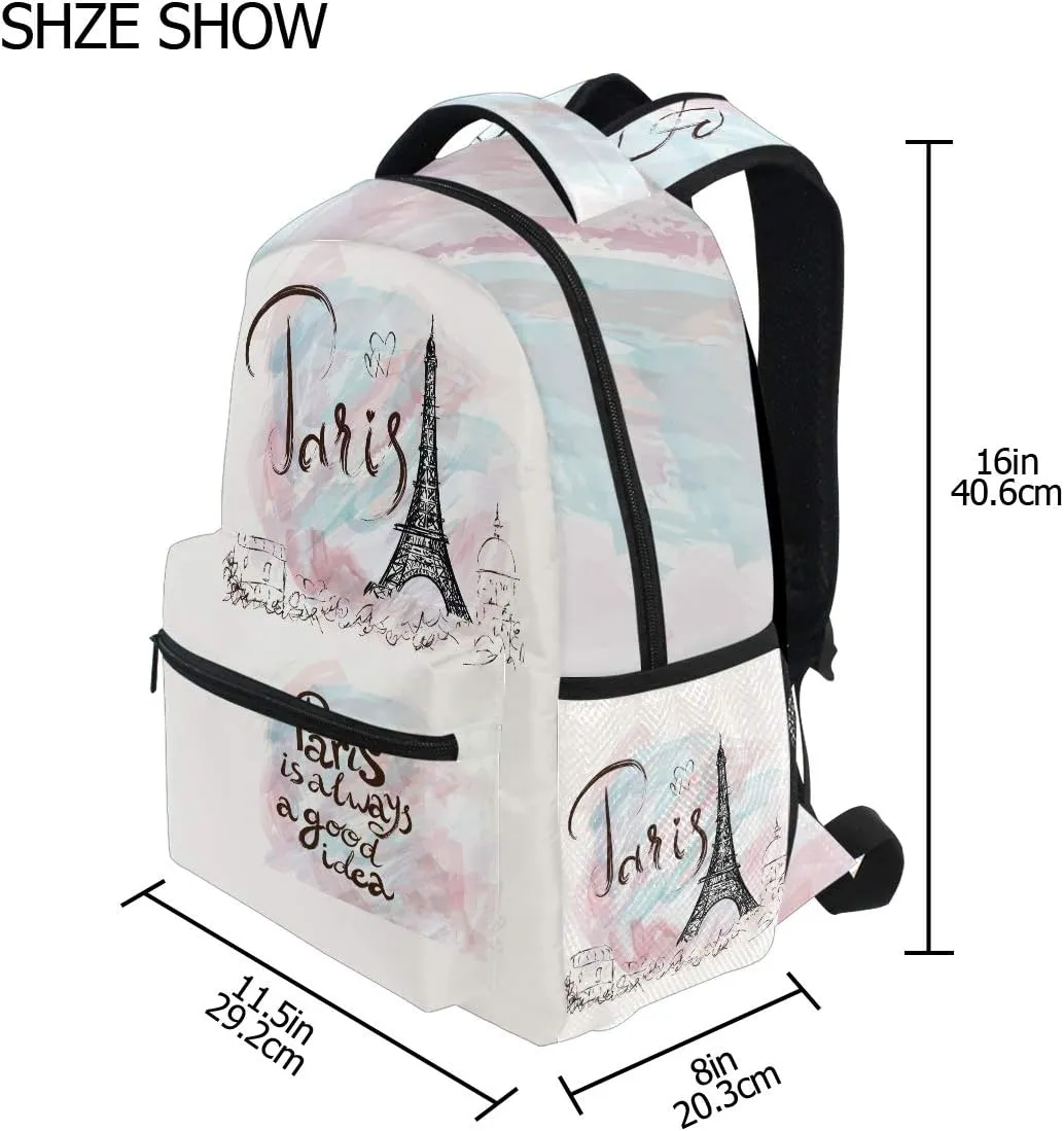 Wamika Pfrewn Eiffel Tower Girls Backpacks for School Kids Romantic France Paris Marble Pink Laptop Backpack for Women School Bookbags Casual Daypack 16"