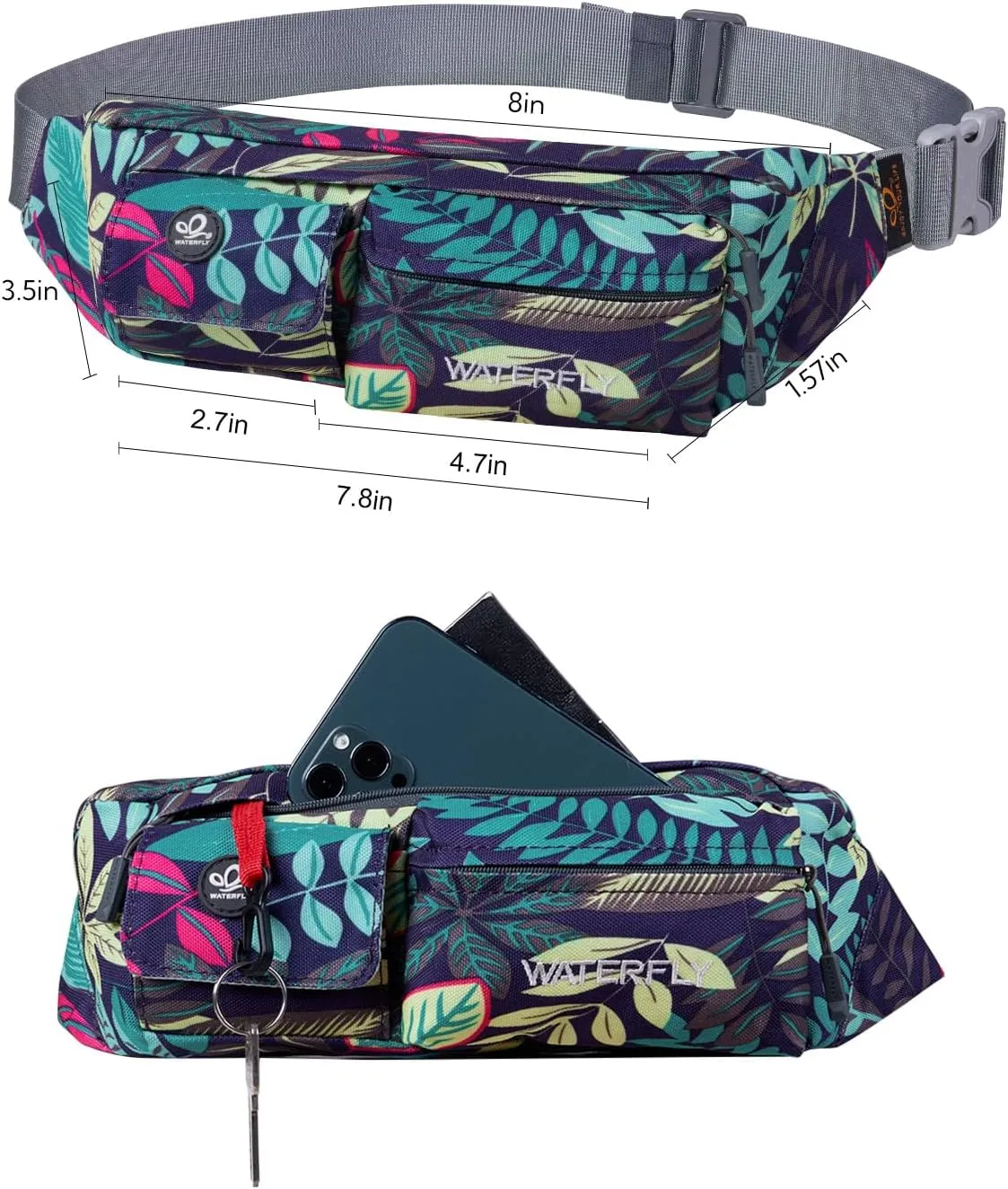 WATERFLY Fanny Pack for Women Men Water Resistant Small Waist Pouch Slim Belt Bag with 4 Pockets for Running Travelling Hiking Walking Lightweight Crossbody Chest Bag Fit All Phones…