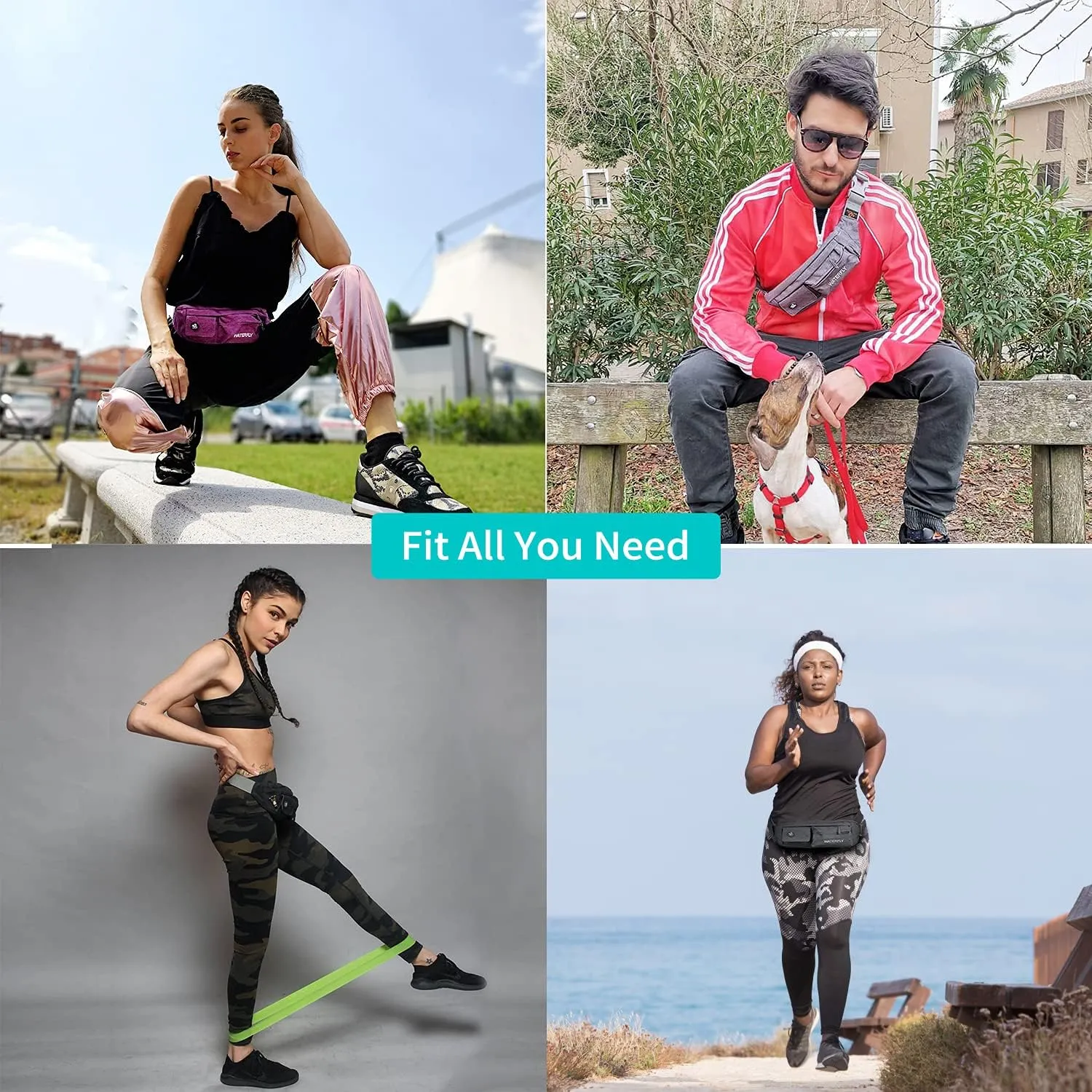 WATERFLY Fanny Pack for Women Men Water Resistant Small Waist Pouch Slim Belt Bag with 4 Pockets for Running Travelling Hiking Walking Lightweight Crossbody Chest Bag Fit All Phones…