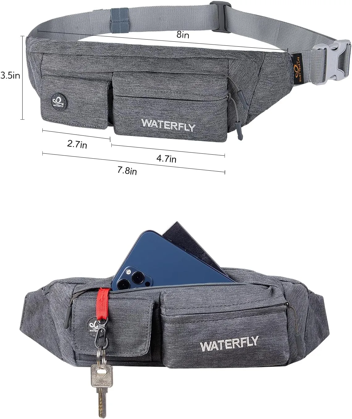 WATERFLY Fanny Pack for Women Men Water Resistant Small Waist Pouch Slim Belt Bag with 4 Pockets for Running Travelling Hiking Walking Lightweight Crossbody Chest Bag Fit All Phones…