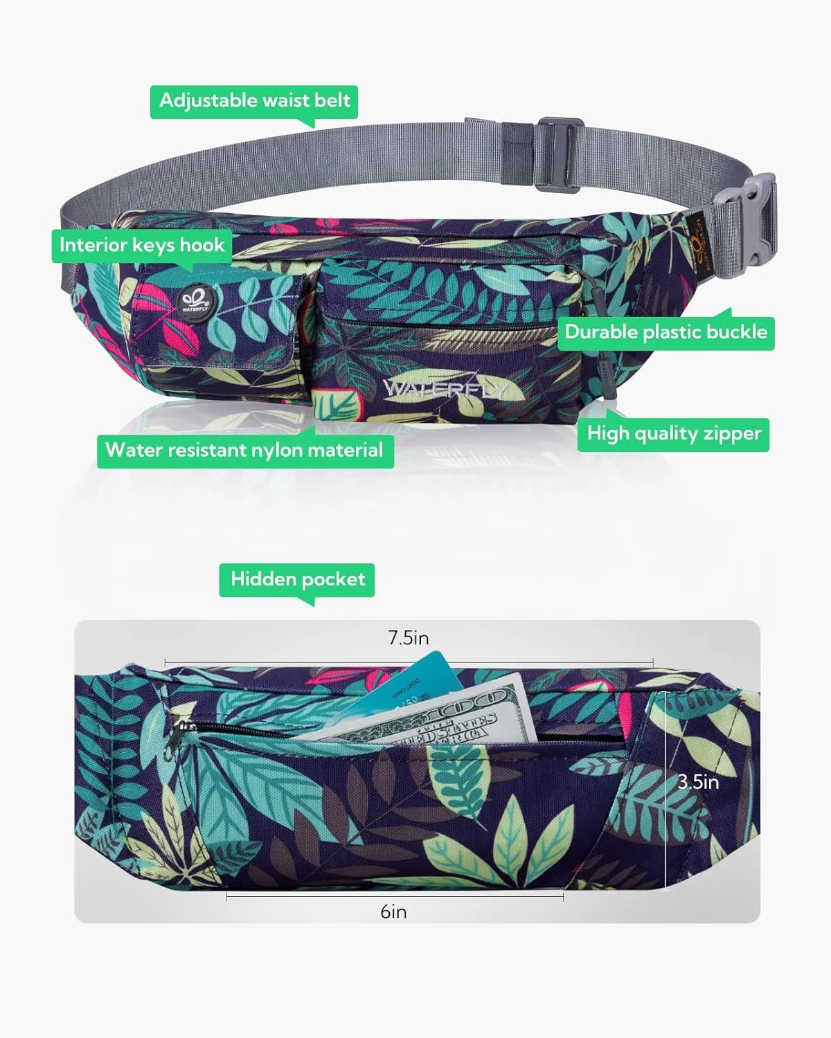 WATERFLY Fanny Pack for Women Men Water Resistant Small Waist Pouch Slim Belt Bag with 4 Pockets for Running Travelling Hiking Walking Lightweight Crossbody Chest Bag Fit All Phones…