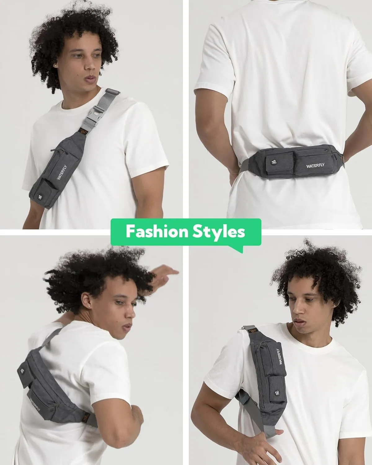 WATERFLY Fanny Pack for Women Men Water Resistant Small Waist Pouch Slim Belt Bag with 4 Pockets for Running Travelling Hiking Walking Lightweight Crossbody Chest Bag Fit All Phones…