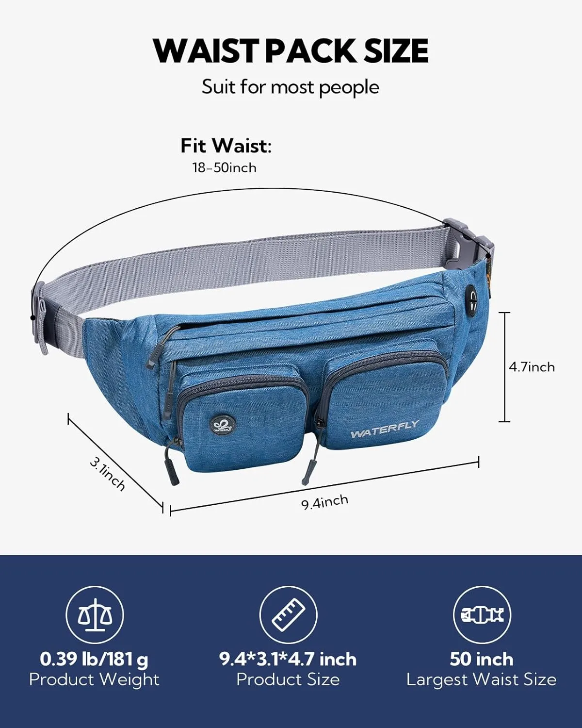 WATERFLY Fanny Pack Waist Bag: Travel Hip Pouch Bum Bag Plus Size Crossbody Fannie Pack Adjustable Belt Waistpack Phanny Fannypack for Man Woman Hiking Walking Jogging