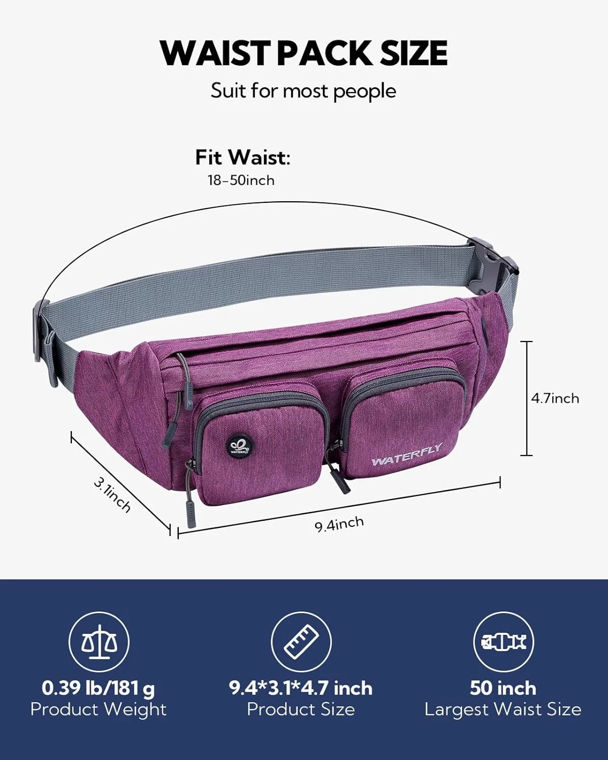 WATERFLY Fanny Pack Waist Bag: Travel Hip Pouch Bum Bag Plus Size Crossbody Fannie Pack Adjustable Belt Waistpack Phanny Fannypack for Man Woman Hiking Walking Jogging