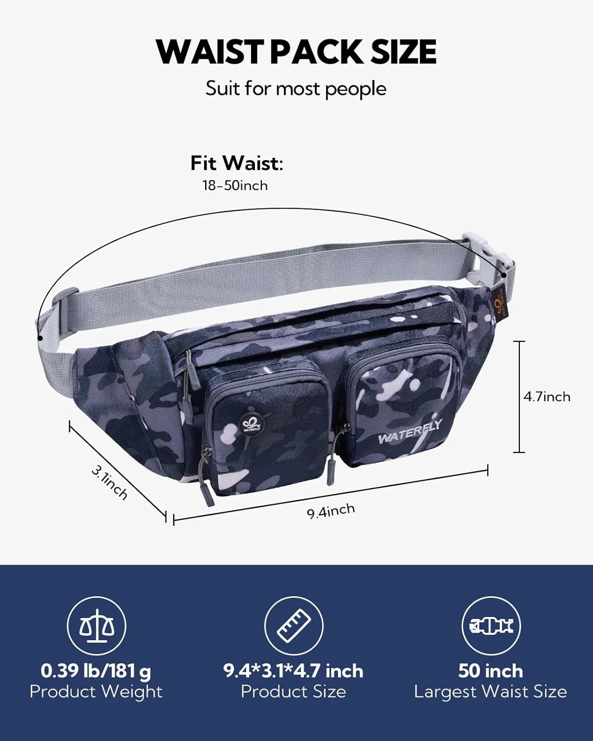 WATERFLY Fanny Pack Waist Bag: Travel Hip Pouch Bum Bag Plus Size Crossbody Fannie Pack Adjustable Belt Waistpack Phanny Fannypack for Man Woman Hiking Walking Jogging