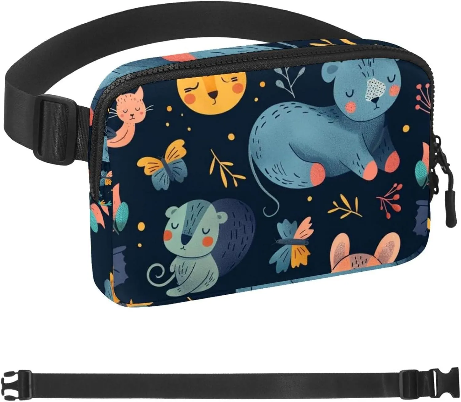 Waterproof Fanny Pack Black Belt Bag with Adjustable Strap for Women and Men,Sleeping Animals Crossbody Fanny Bag with Zipper for Hiking Running Travel