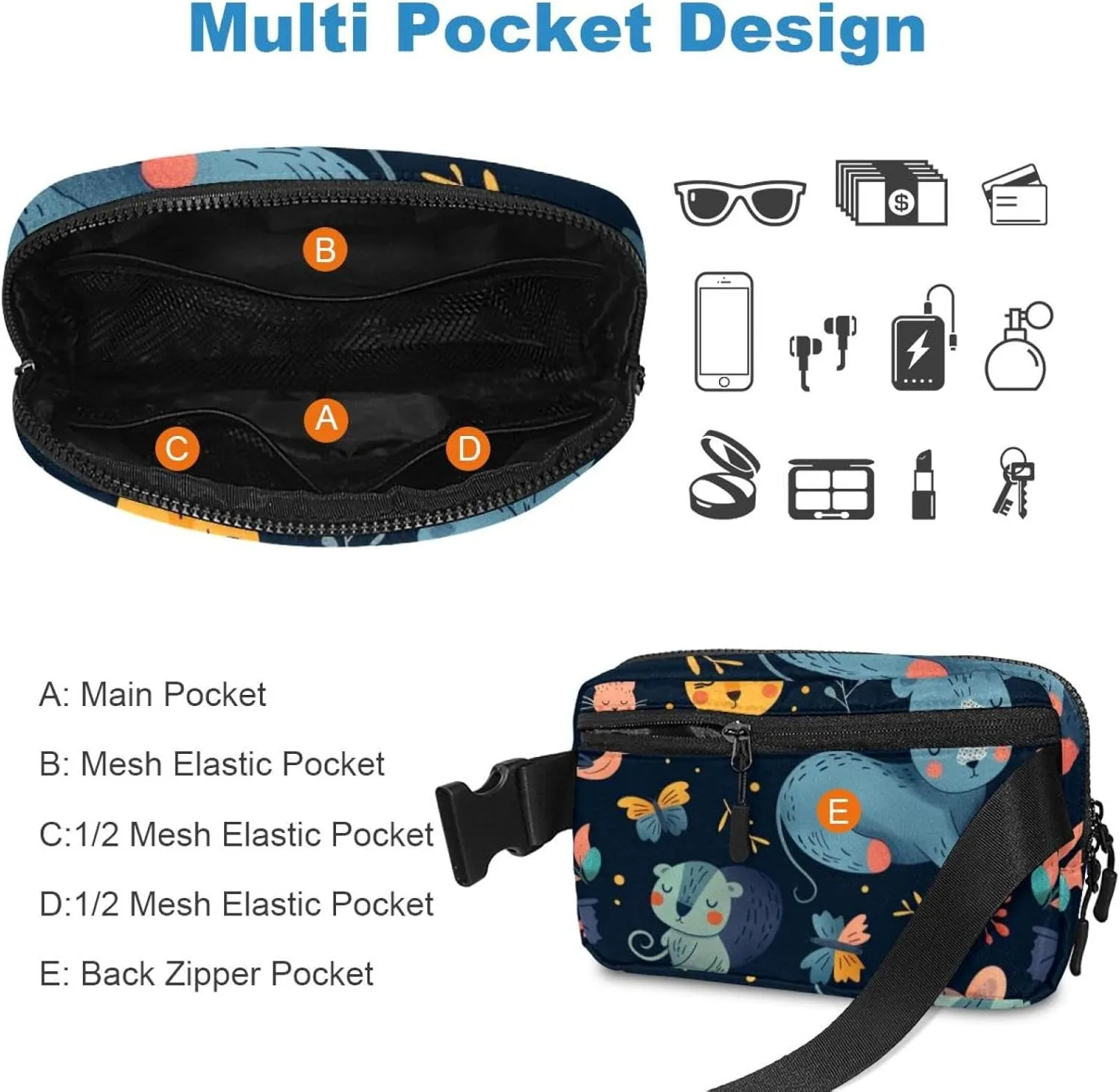 Waterproof Fanny Pack Black Belt Bag with Adjustable Strap for Women and Men,Sleeping Animals Crossbody Fanny Bag with Zipper for Hiking Running Travel