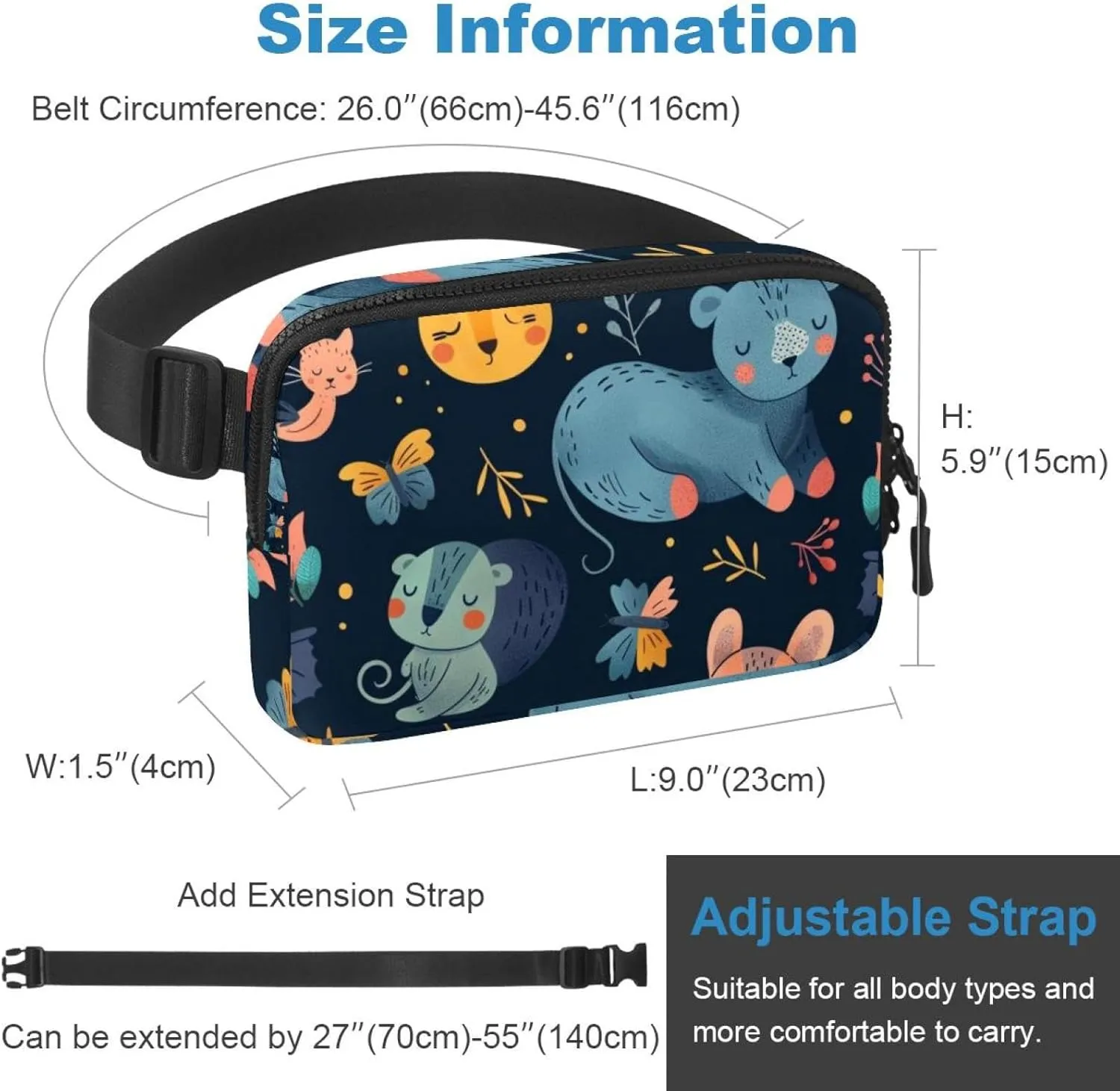Waterproof Fanny Pack Black Belt Bag with Adjustable Strap for Women and Men,Sleeping Animals Crossbody Fanny Bag with Zipper for Hiking Running Travel