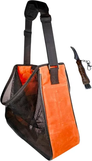 Waxed Canvas and Mesh Mushroom Foraging Kit with Pocket | Fruit Picking Bag for harvesting fruit and vegetables | Farmers Market Bag (Red Orange with Wood Knife)