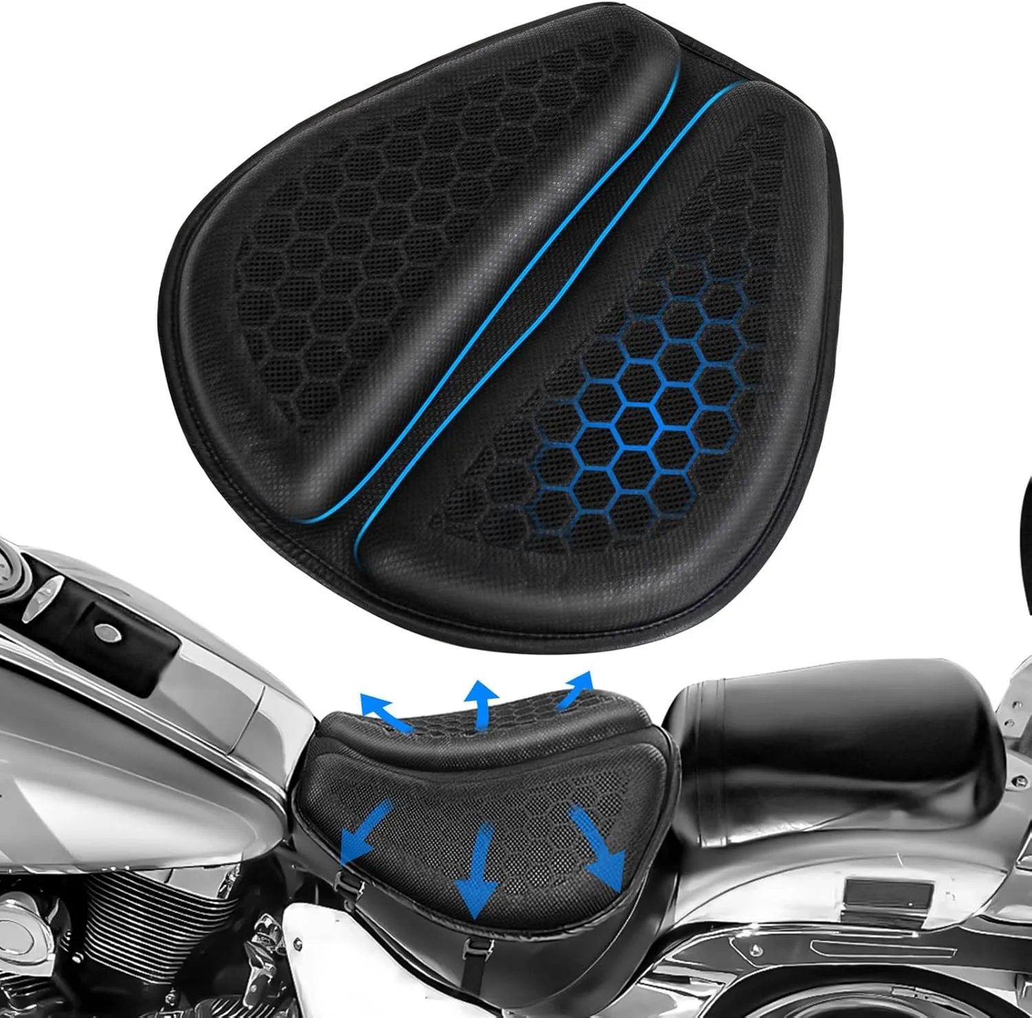 WDG Motorcycle Seat Cushion Pad 3D Honeycomb High Elasticity Gel Material Comfortable Breathable Shock Absorption for Long Rides Seat Cushion Motorcycle Accessories-Black