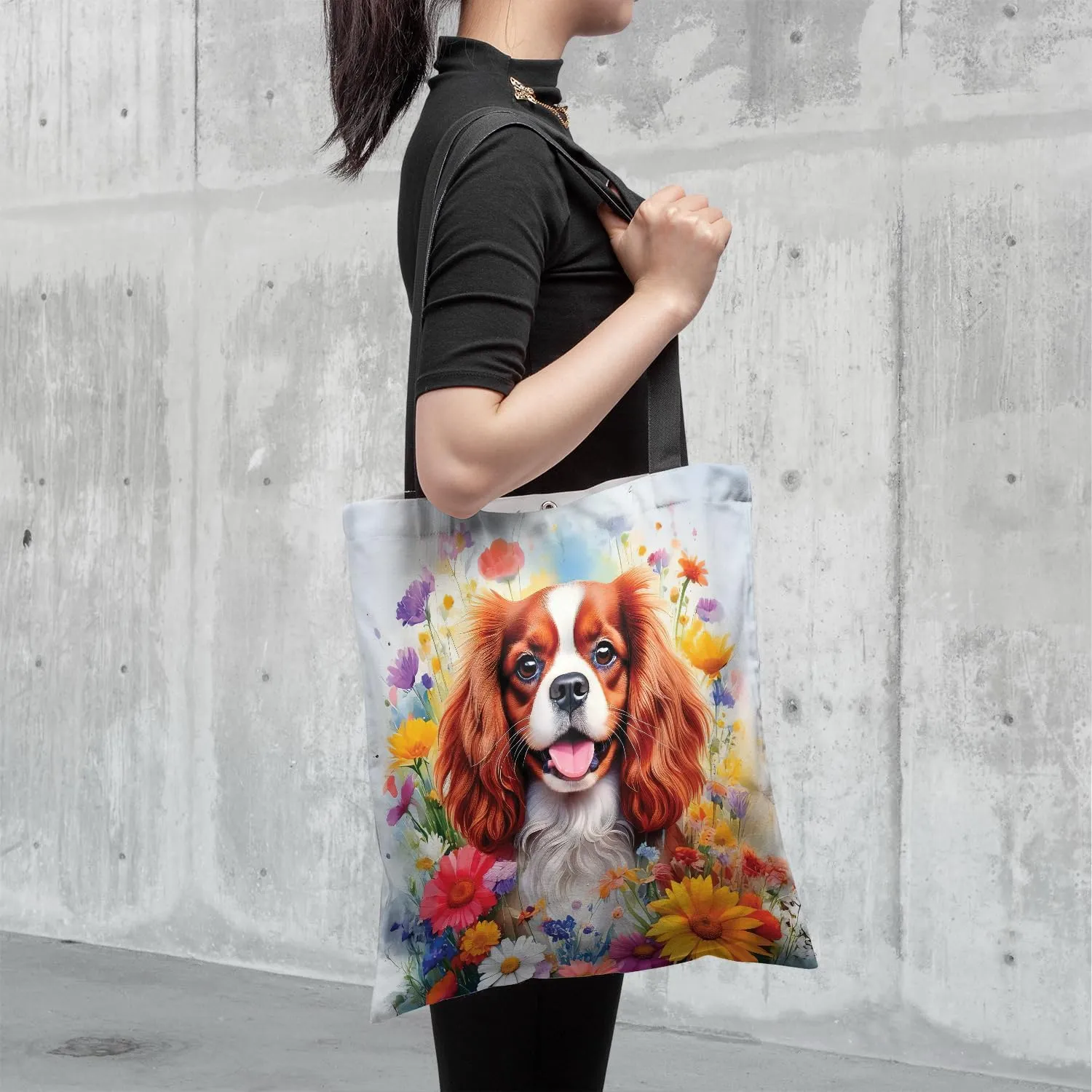 Welcome Spring Summer Dog Portrait Flower Blue Sky Canvas Tote Bag Reusable Shopping Grocery Bag