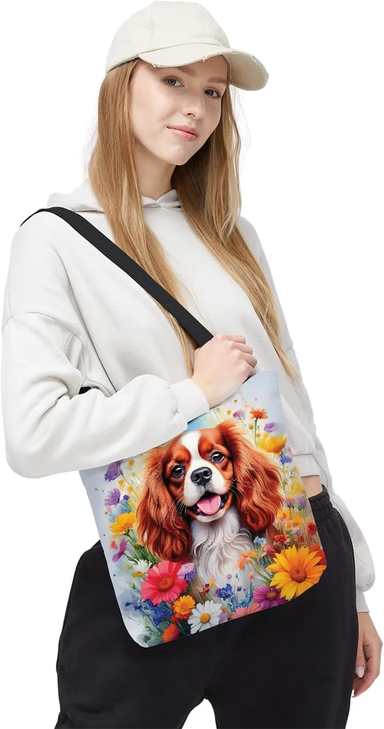 Welcome Spring Summer Dog Portrait Flower Blue Sky Canvas Tote Bag Reusable Shopping Grocery Bag