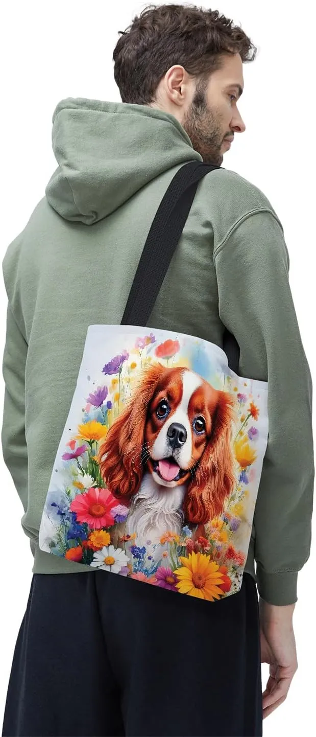 Welcome Spring Summer Dog Portrait Flower Blue Sky Canvas Tote Bag Reusable Shopping Grocery Bag