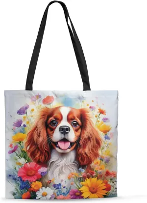 Welcome Spring Summer Dog Portrait Flower Blue Sky Canvas Tote Bag Reusable Shopping Grocery Bag