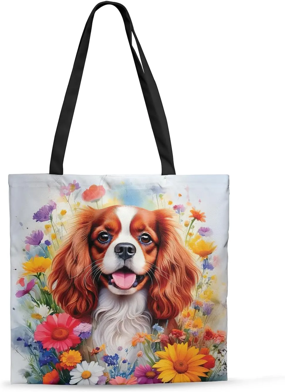 Welcome Spring Summer Dog Portrait Flower Blue Sky Canvas Tote Bag Reusable Shopping Grocery Bag