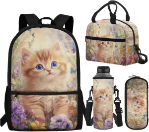WELLFLYHOM Cat Backpack for School Girls 6-8 4 in 1 Book Bag with Lunch Box Pencil Case Water Bottle Sleeve Flower Elementary Students School Bag Set Kids Back to School Supplies