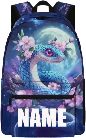 WELLFLYHOM Personalized Snake School Backpack for Girls Moon Custom Book Bag Blue Customized Name School Bag for Junior High Students