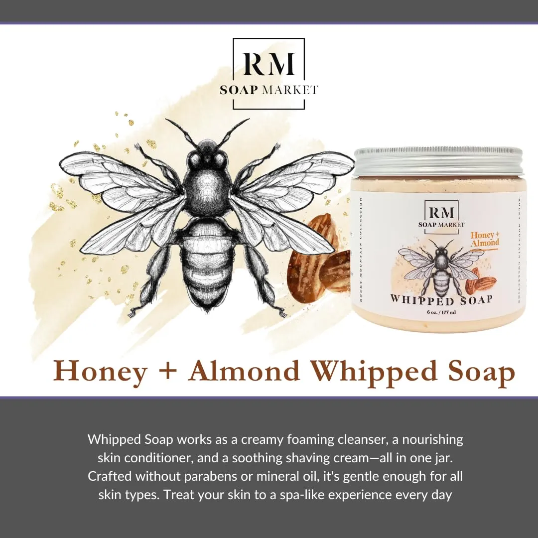 Whipped Soap, Honey Almond Fragrance, Foaming Soap, Body Wash & Shaving Cream With Coconut Oil, Body Skin Care for Men, Women & All Skin Types, Warm Almond & Honey Vanilla Scent, 6 Oz