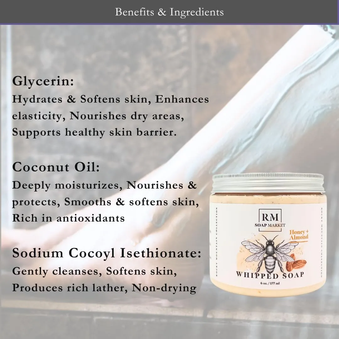Whipped Soap, Honey Almond Fragrance, Foaming Soap, Body Wash & Shaving Cream With Coconut Oil, Body Skin Care for Men, Women & All Skin Types, Warm Almond & Honey Vanilla Scent, 6 Oz