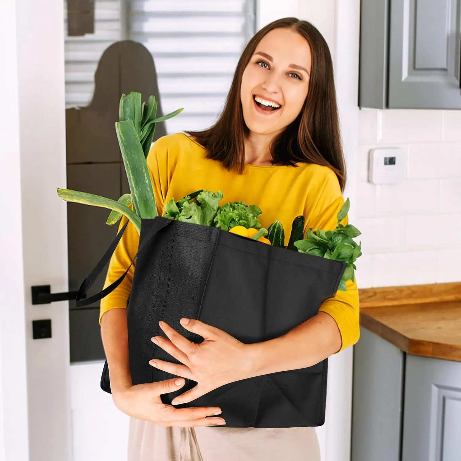 WISELIFE Reusable Grocery Shopping Bags 10 Pack Large Foldable Tote Bags Bulk, Eco Produce Bags with Long Handle for Shopping Groceries Clothes (New 5 Colors)