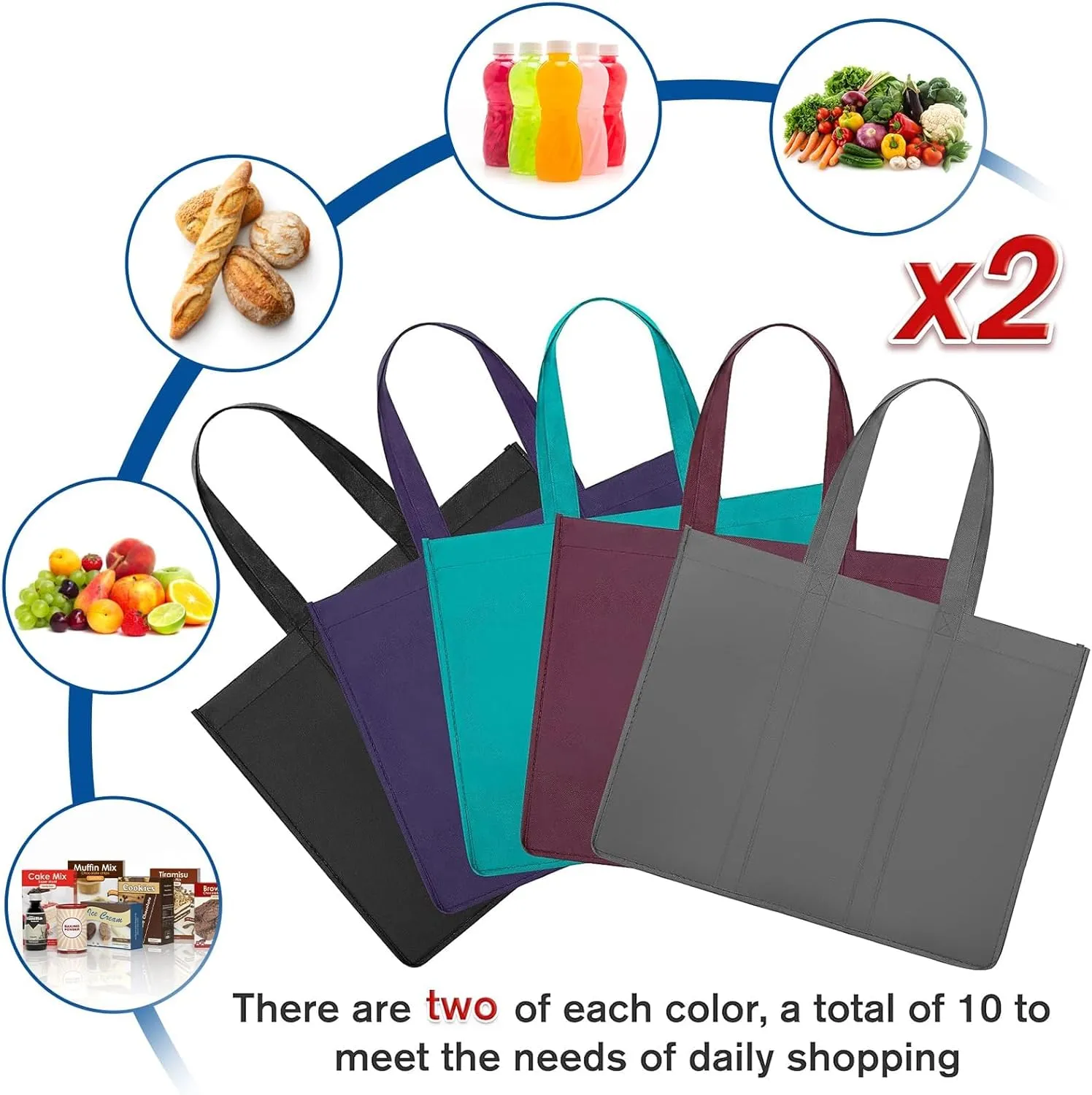 WISELIFE Reusable Grocery Shopping Bags 10 Pack Large Foldable Tote Bags Bulk, Eco Produce Bags with Long Handle for Shopping Groceries Clothes (New 5 Colors)