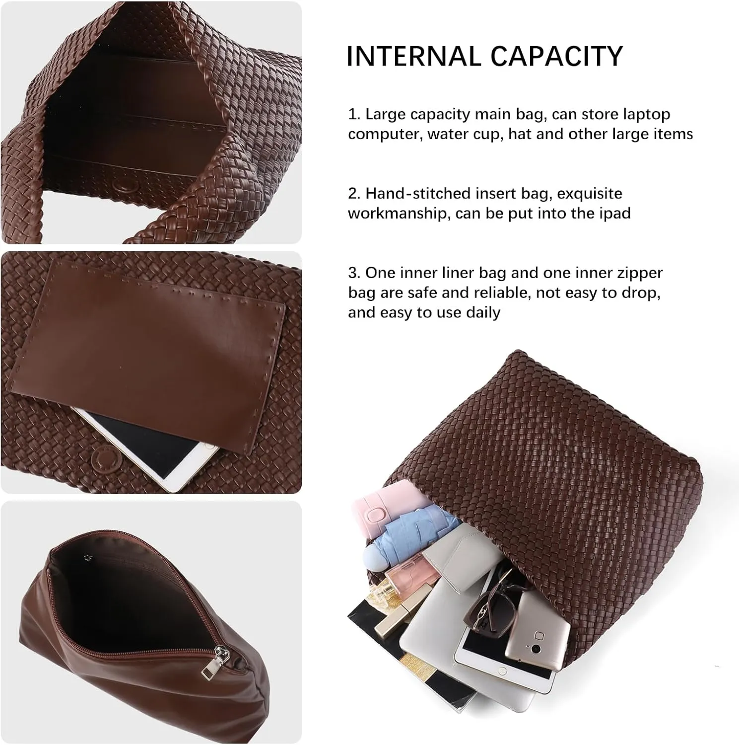 Women Vegan Leather Handmade Tote Bag Large Shoulder Top-handle Bag All-Match Underarm Bag with Purse Beach Handbag