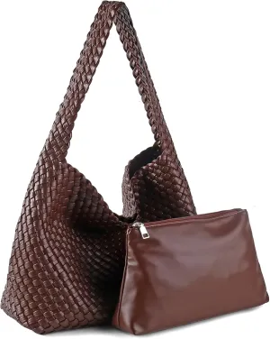 Women Vegan Leather Handmade Tote Bag Large Shoulder Top-handle Bag All-Match Underarm Bag with Purse Beach Handbag