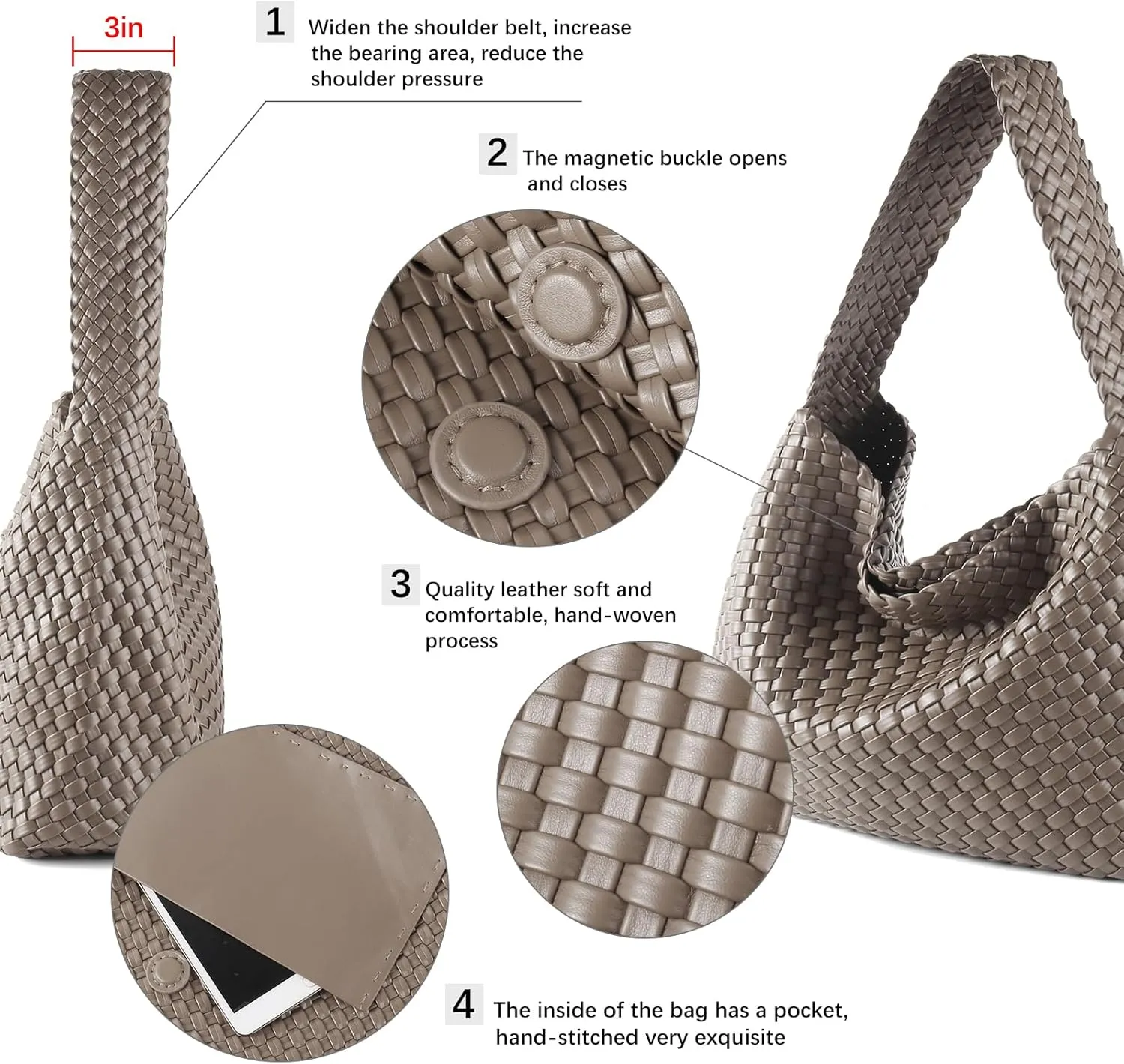 Women Vegan Leather Handmade Tote Bag Large Shoulder Top-handle Bag All-Match Underarm Bag with Purse Beach Handbag