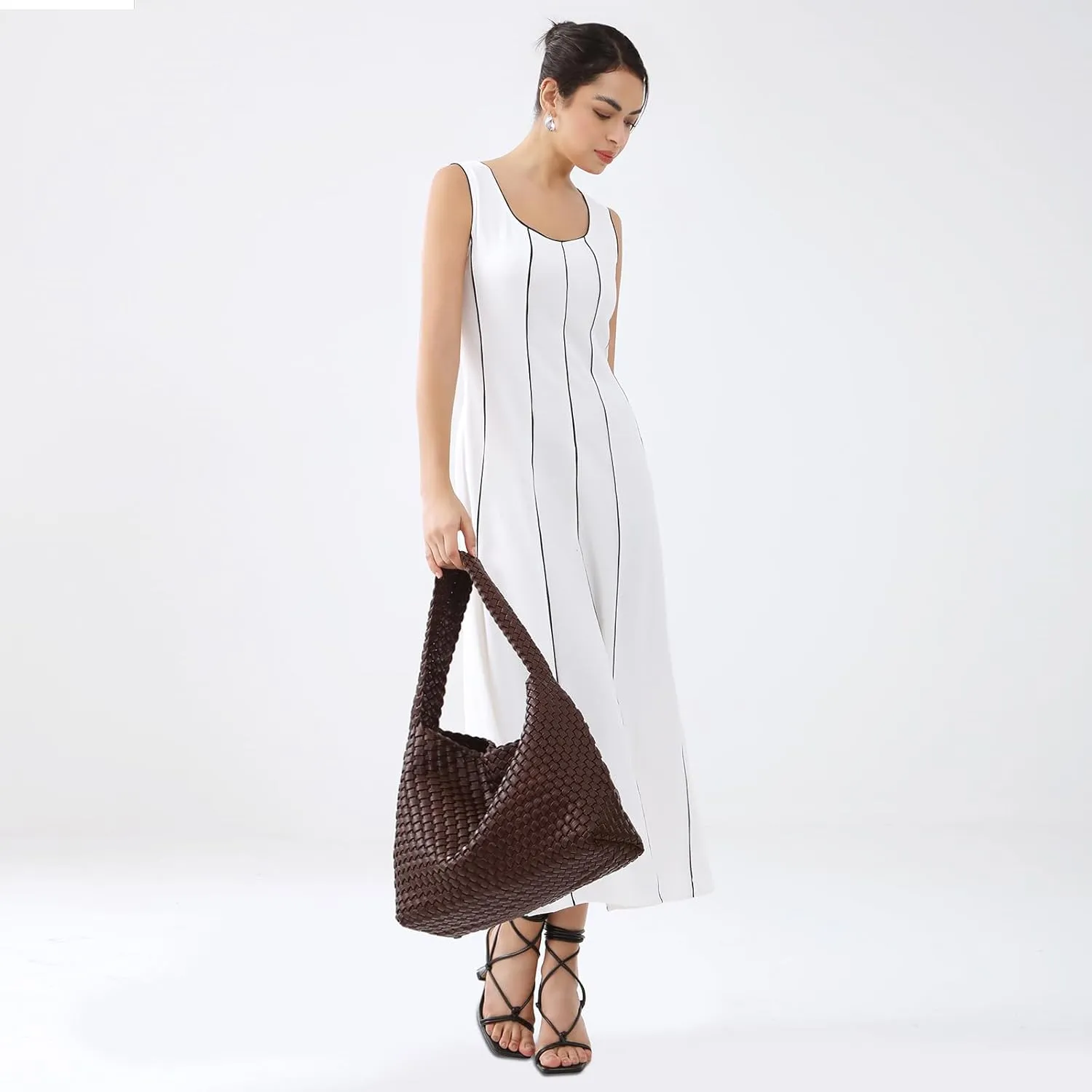 Women Vegan Leather Handmade Tote Bag Large Shoulder Top-handle Bag All-Match Underarm Bag with Purse Beach Handbag