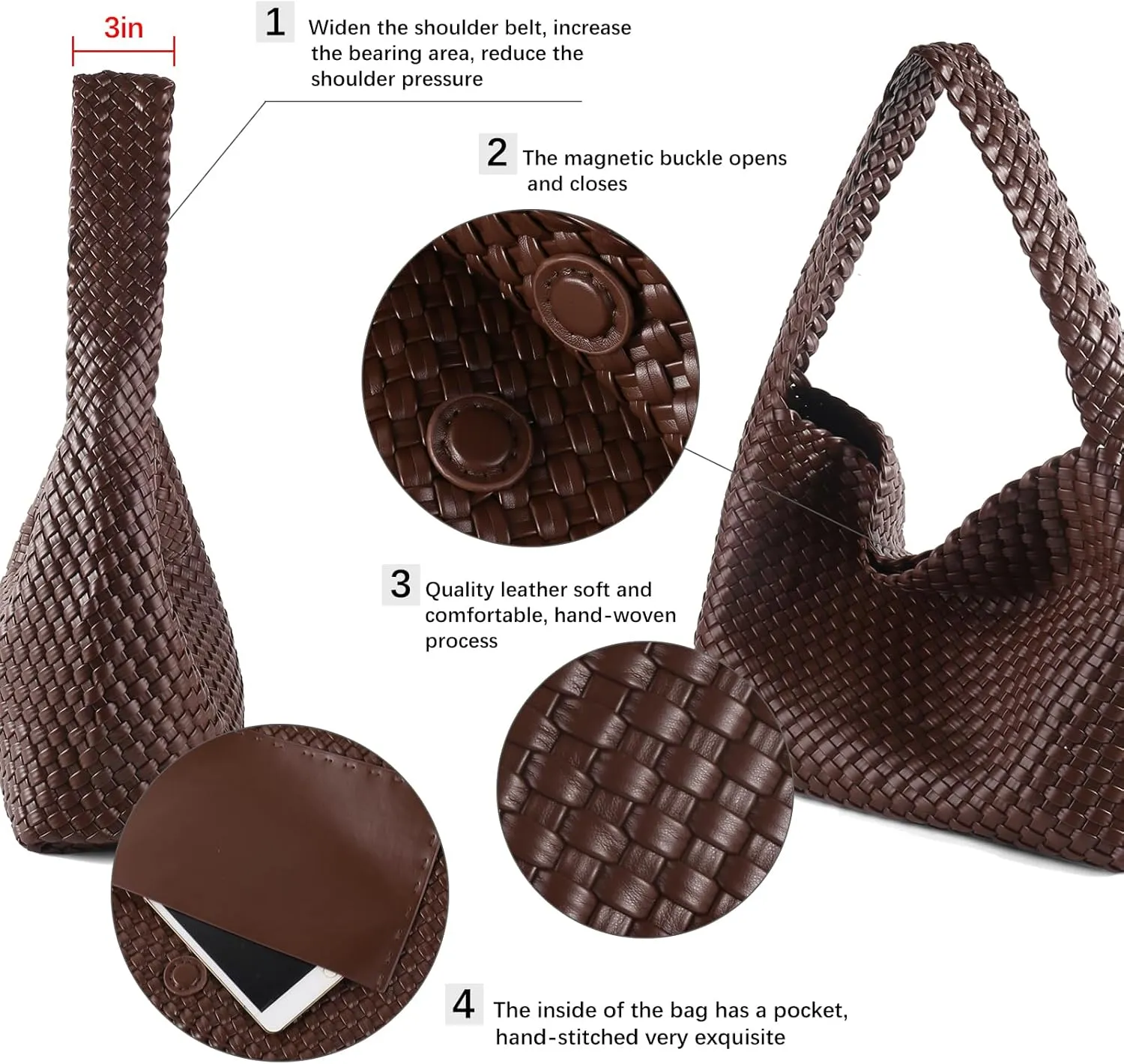 Women Vegan Leather Handmade Tote Bag Large Shoulder Top-handle Bag All-Match Underarm Bag with Purse Beach Handbag