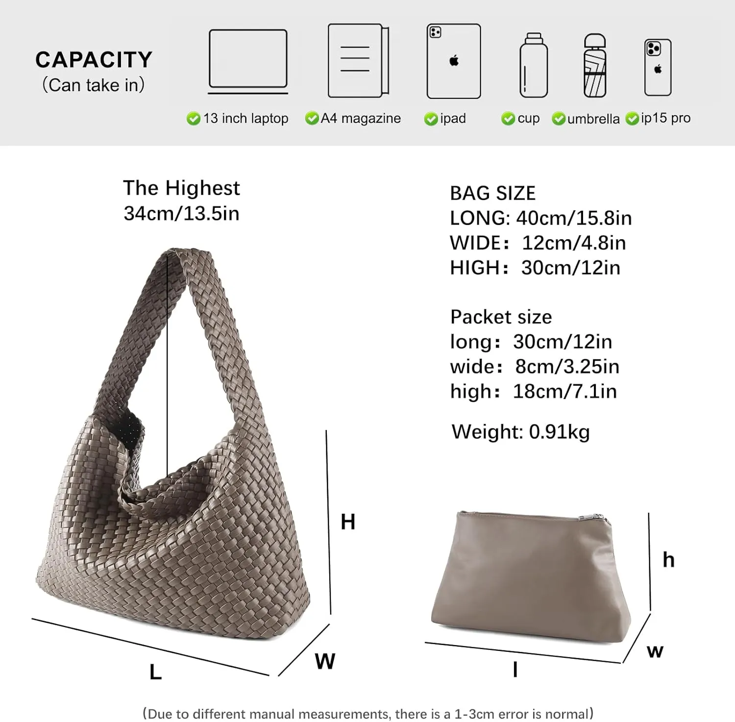 Women Vegan Leather Handmade Tote Bag Large Shoulder Top-handle Bag All-Match Underarm Bag with Purse Beach Handbag