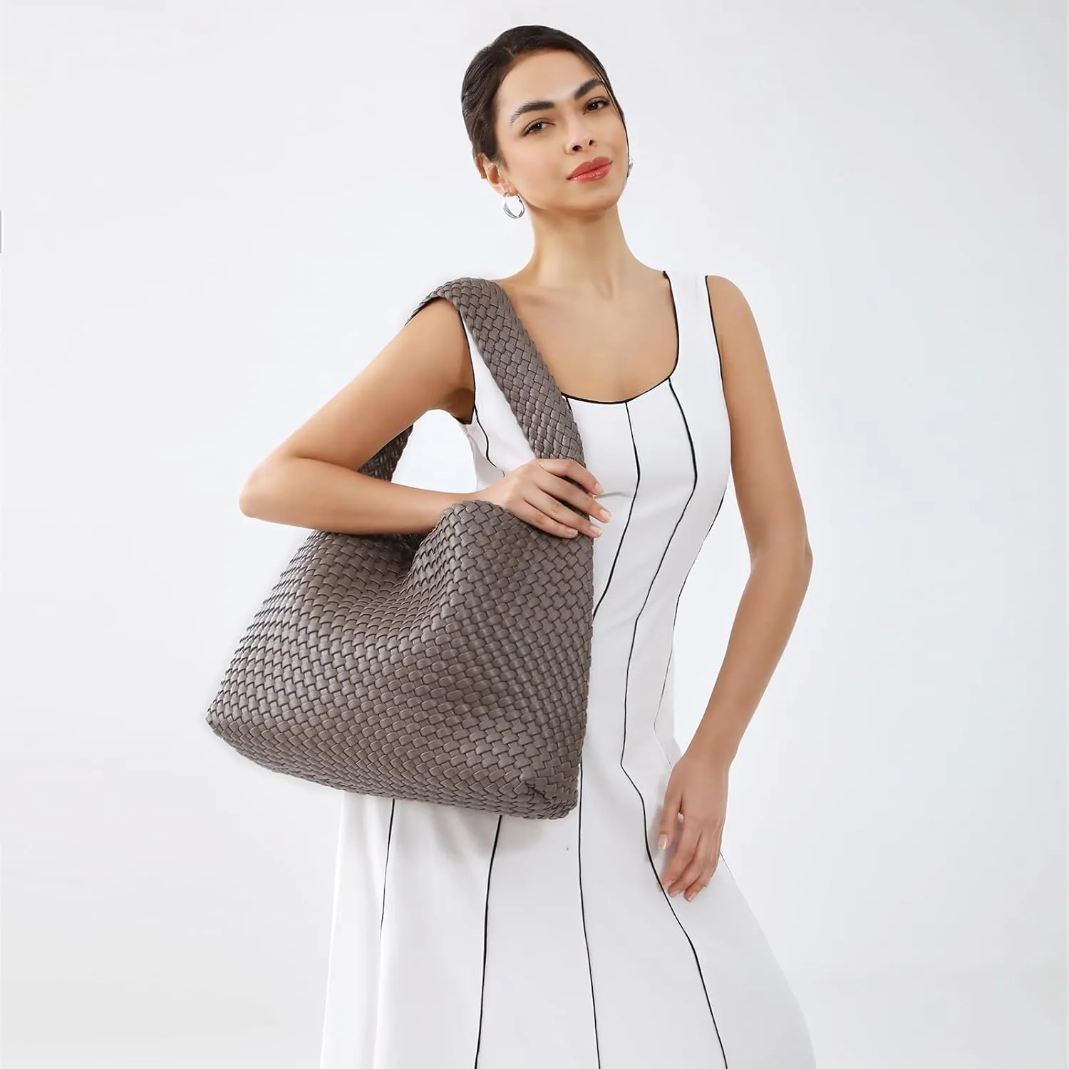 Women Vegan Leather Handmade Tote Bag Large Shoulder Top-handle Bag All-Match Underarm Bag with Purse Beach Handbag