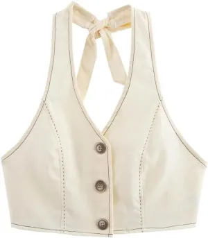 Women's Button-Front Backless Halter Vest Bow Tie Strap Sleeveless Casual Blouse Summer Streetwear