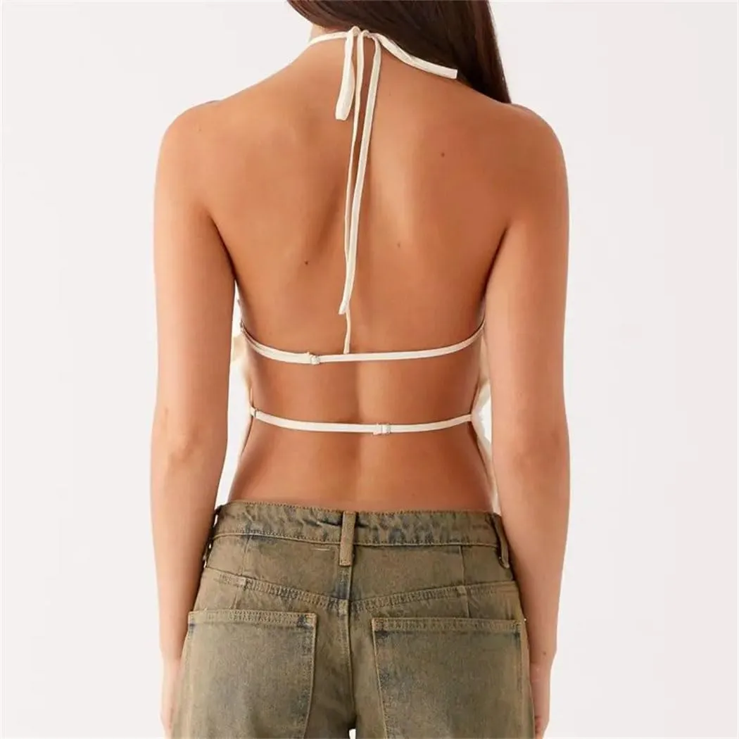 Women's Chic Smocked Lace-Up Halter Vest Adjustable Backless Crop Top Ruffled Hem Streetwear-Ready Solid Vest