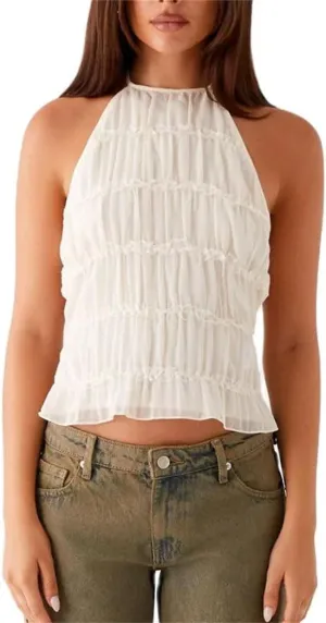Women's Chic Smocked Lace-Up Halter Vest Adjustable Backless Crop Top Ruffled Hem Streetwear-Ready Solid Vest