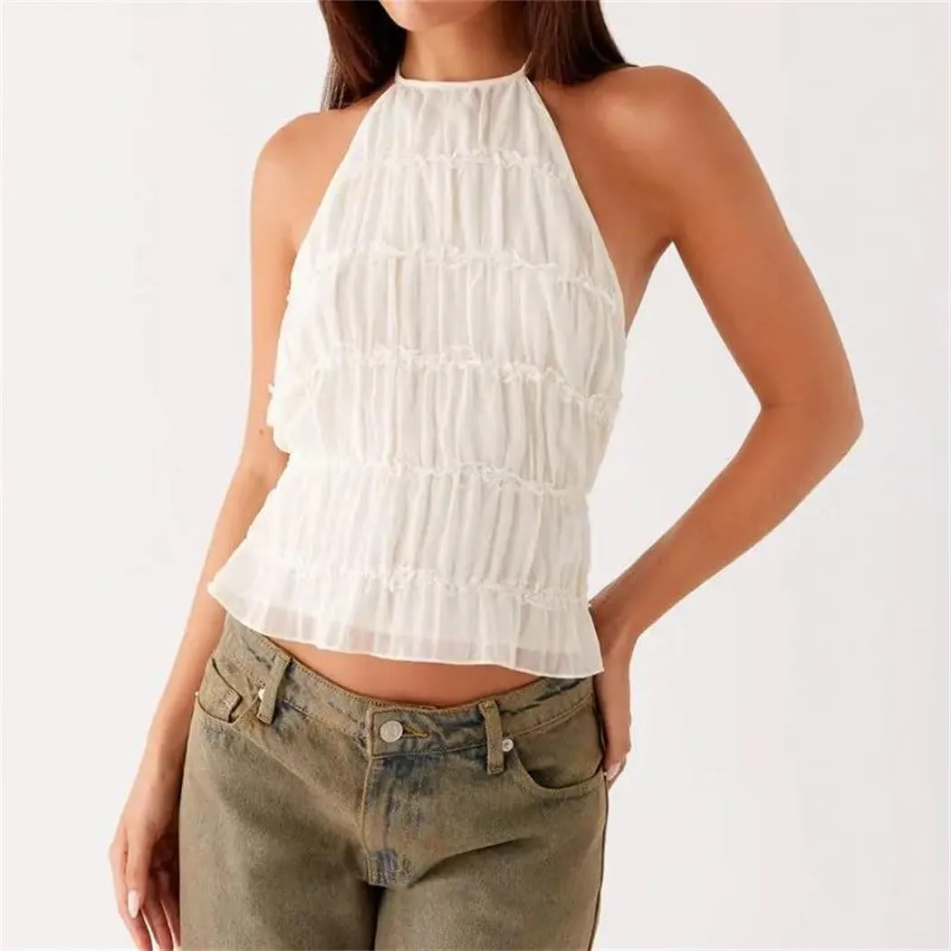 Women's Chic Smocked Lace-Up Halter Vest Adjustable Backless Crop Top Ruffled Hem Streetwear-Ready Solid Vest
