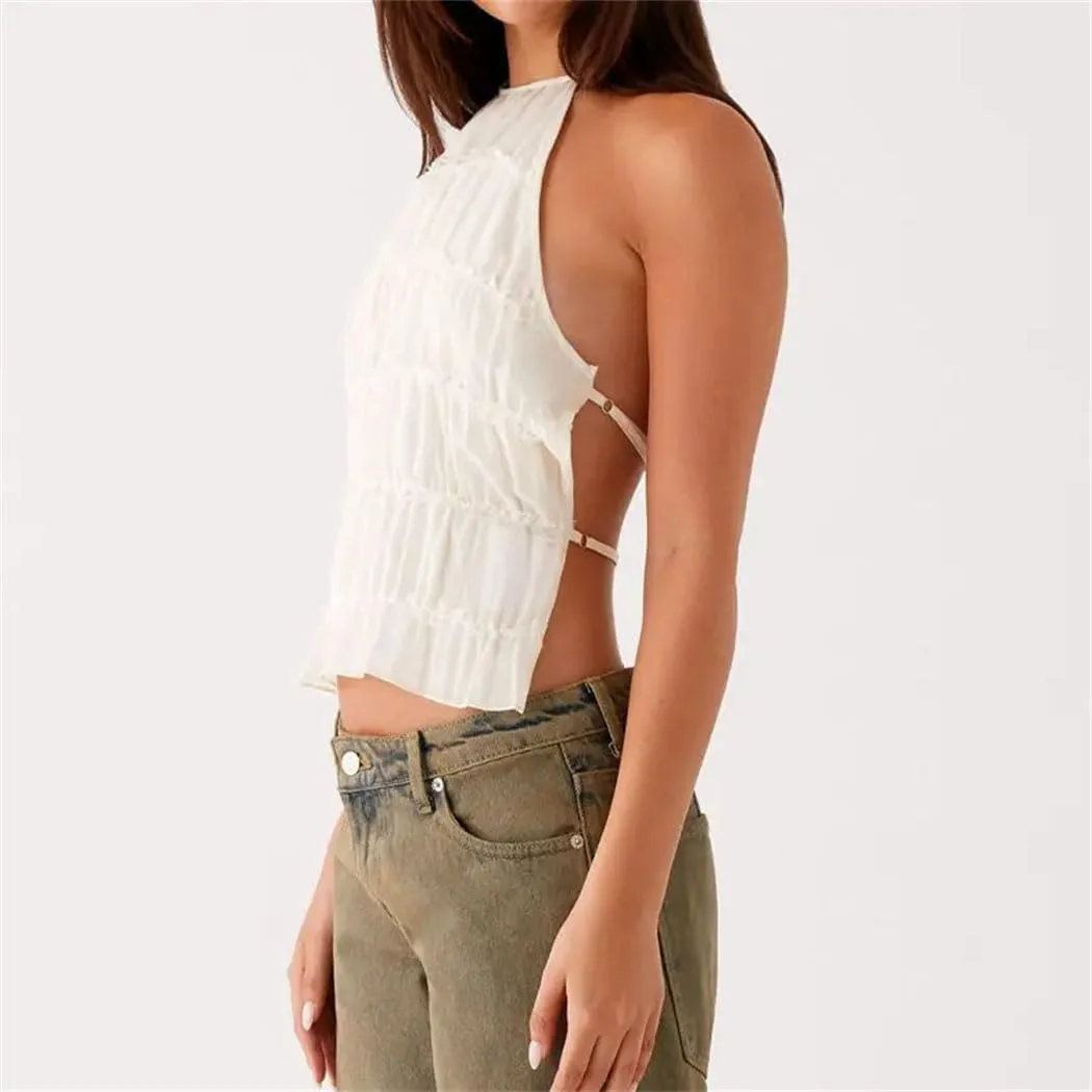 Women's Chic Smocked Lace-Up Halter Vest Adjustable Backless Crop Top Ruffled Hem Streetwear-Ready Solid Vest