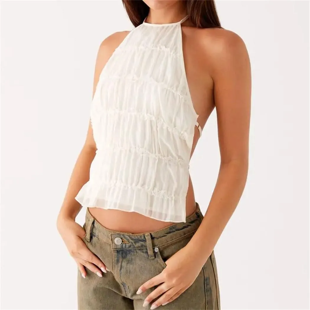 Women's Chic Smocked Lace-Up Halter Vest Adjustable Backless Crop Top Ruffled Hem Streetwear-Ready Solid Vest