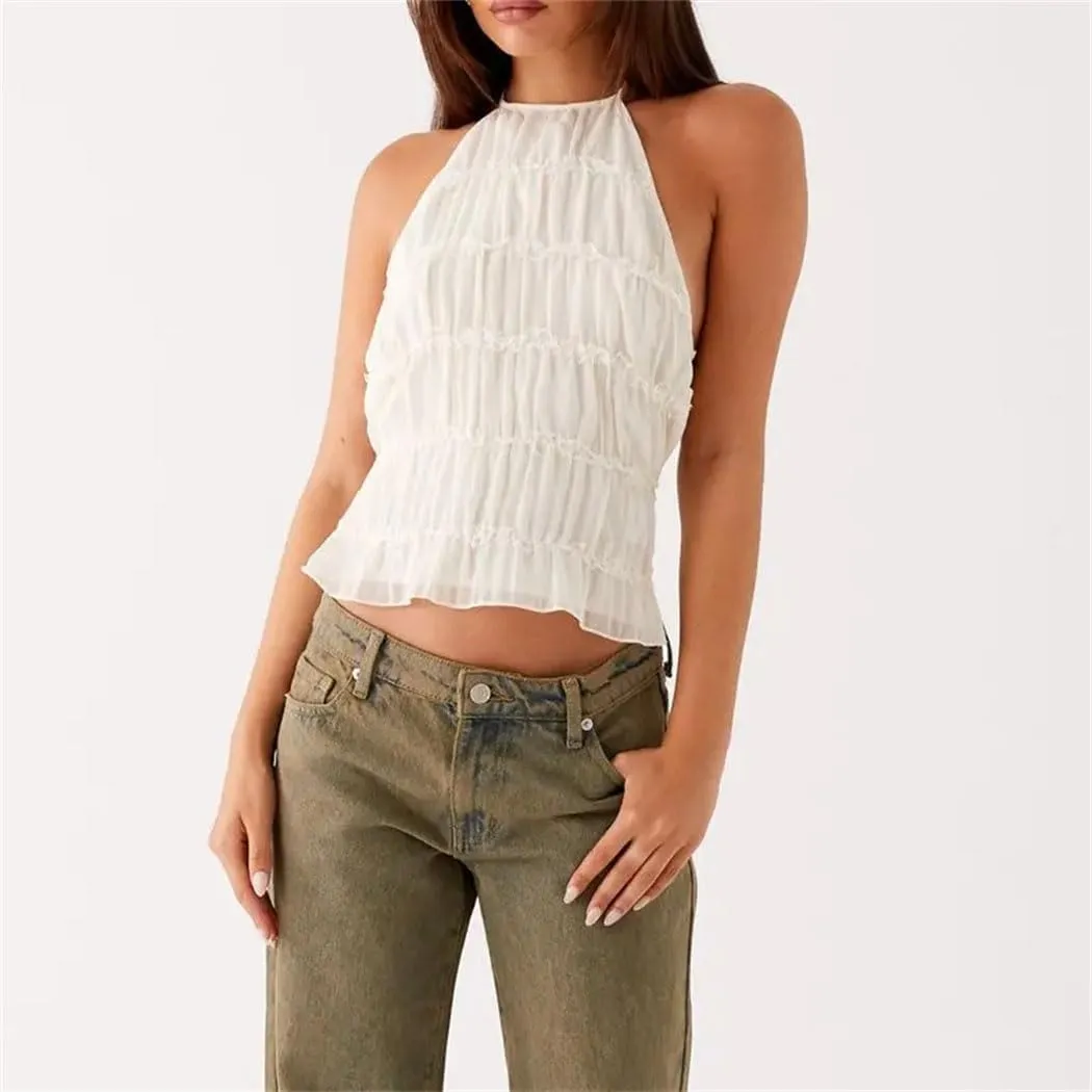 Women's Chic Smocked Lace-Up Halter Vest Adjustable Backless Crop Top Ruffled Hem Streetwear-Ready Solid Vest